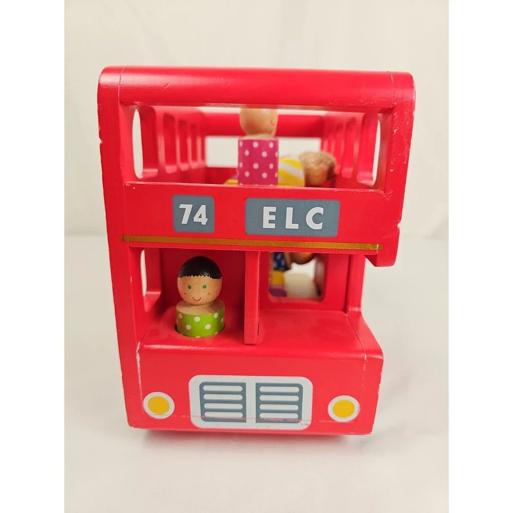Wooden London Double Decker Bus Toy w 7 Peg People Red Pretend Play
